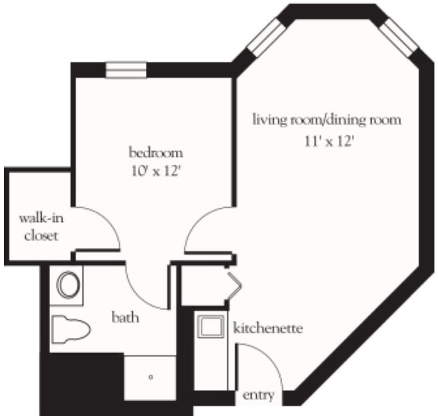 Floor plan of a one-bedroom apartment with living/dining room, bathroom, kitchenette, and walk-in closet.