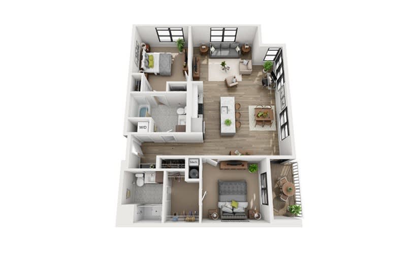 A 3D rendering of a 2-bedroom apartment floor plan showcasing an open living area and modern design.