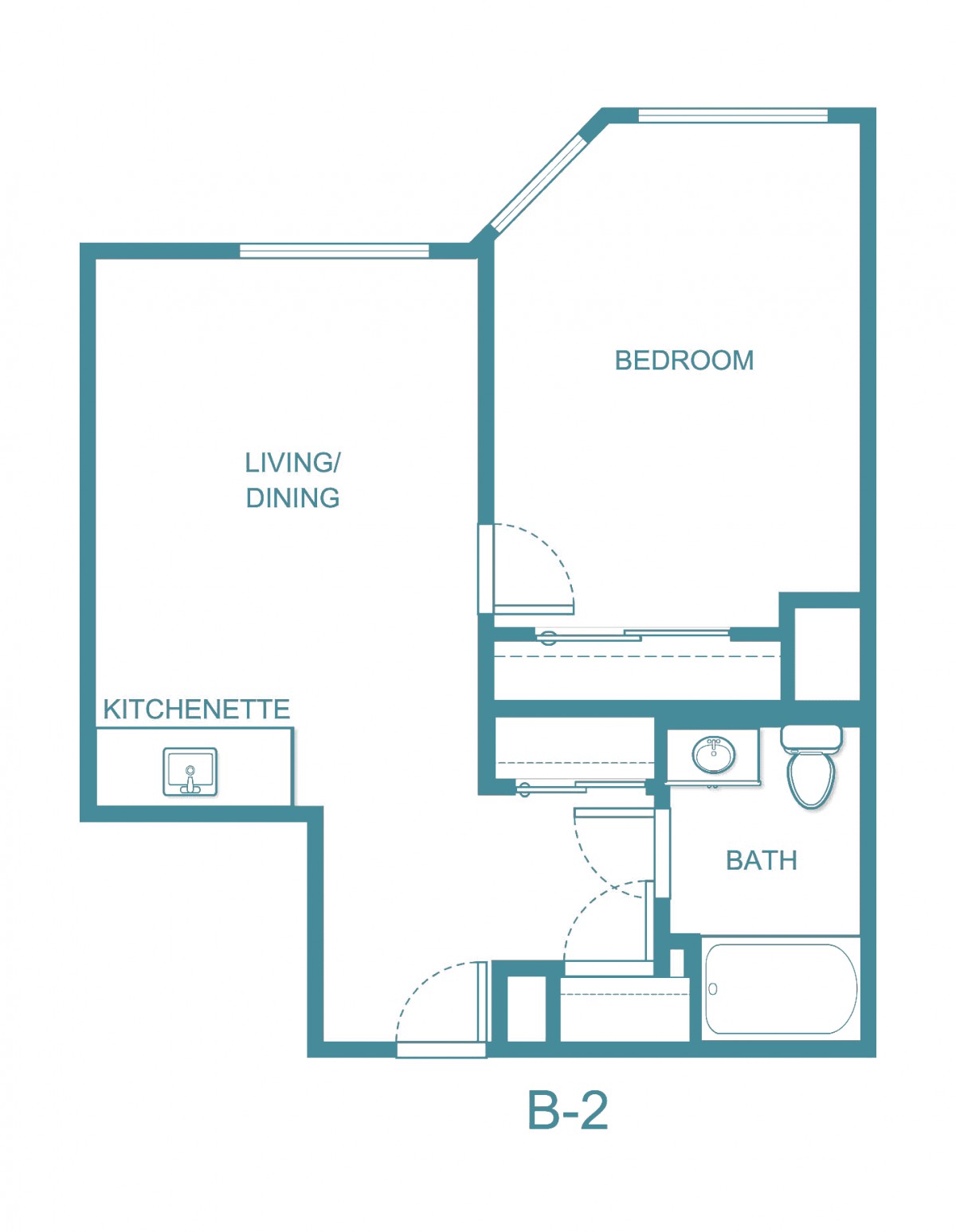 A simple floor plan of a one-bedroom apartment with labeled areas.