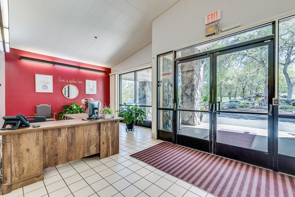 A modern office lobby with a reception desk, potted plants, and large glass entrance doors.