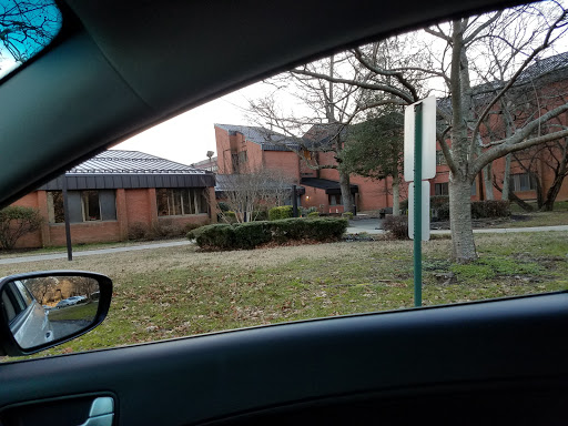 A view of a brick building from inside a car, framed by trees and a road sign.
