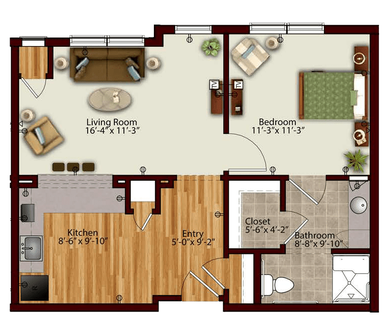 A detailed floor plan of a two-bedroom apartment, showcasing room dimensions and layout.