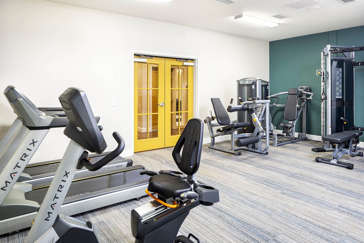 A modern fitness center equipped with various exercise machines including treadmills, stationary bikes, and weights.