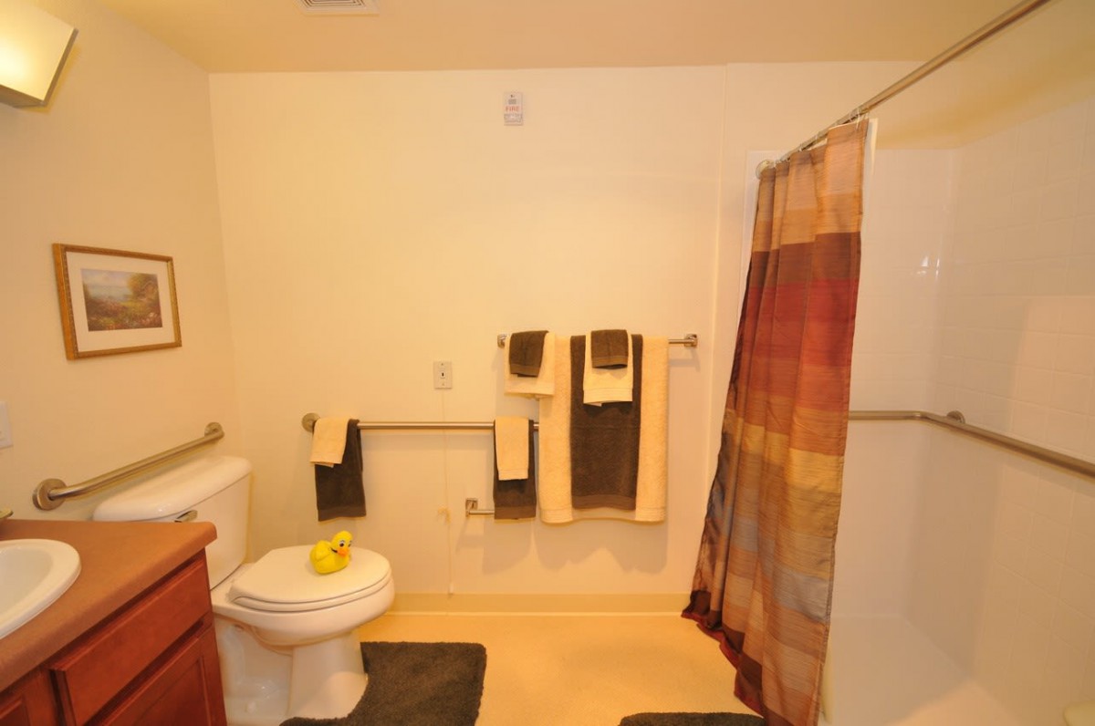 A simple bathroom with a shower curtain, toilet, and neatly arranged towels.