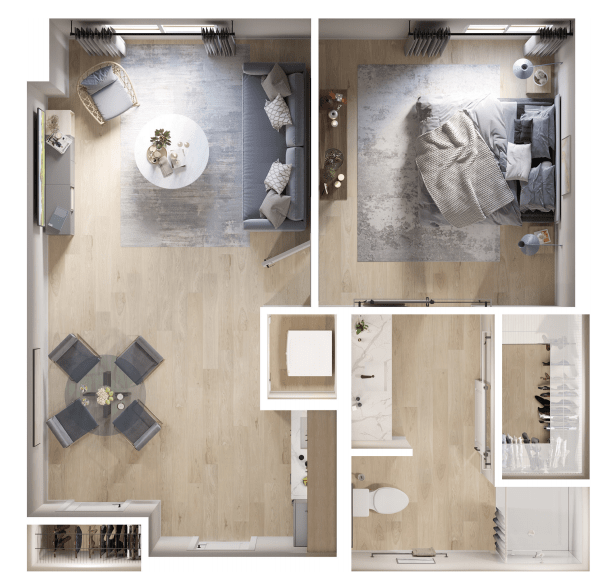 A modern apartment floor plan showcasing a living room, bedroom, kitchen, and bathroom.
