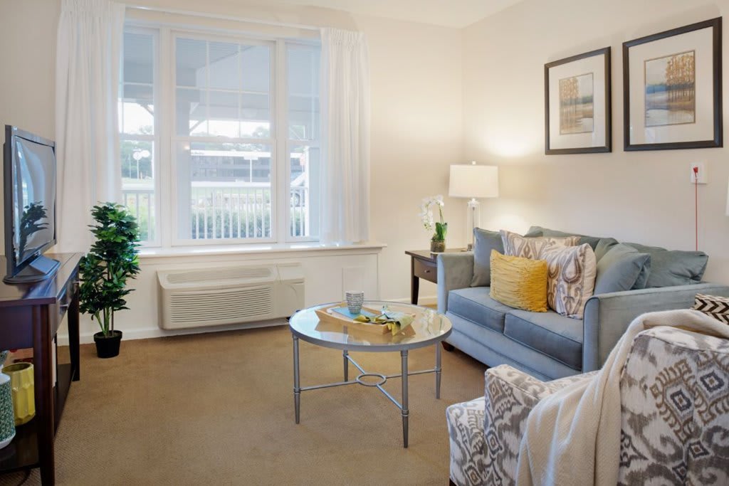 A cozy living room with a blue sofa, glass coffee table, and a large window letting in natural light.