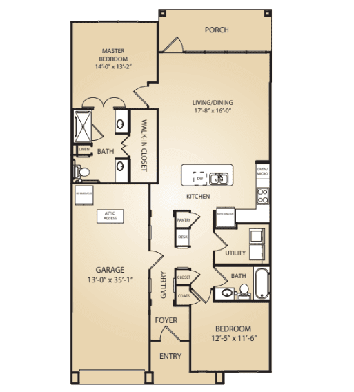 A detailed floor plan of a two-bedroom apartment with a living room, kitchen, and bathrooms.