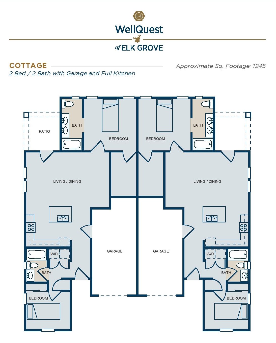 A floor plan of a cottage with two bedrooms, bathrooms, garages, and porches.