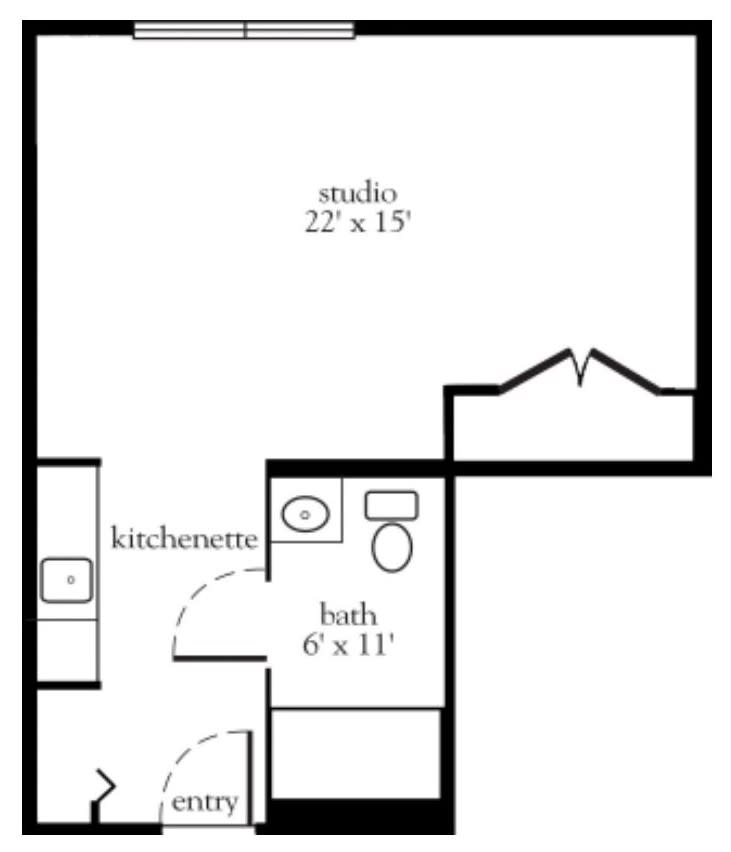 Floor plan of a studio apartment with a kitchen and bathroom.