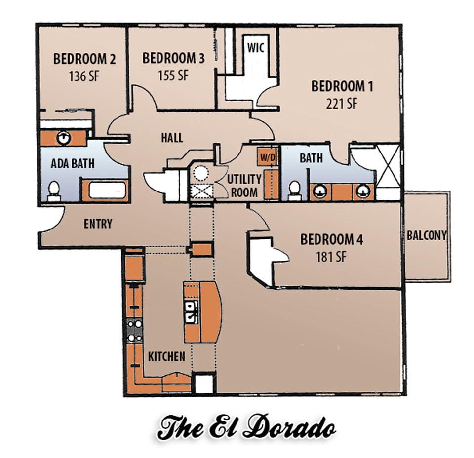 Floor plan of a three-bedroom apartment named 'The El Dorado'.