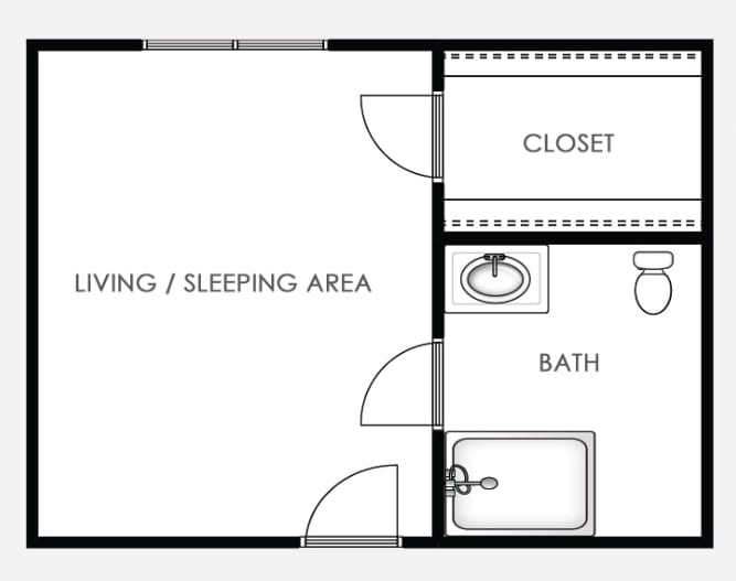 A studio apartment floor plan featuring a living and sleeping area, bathroom, and closet.