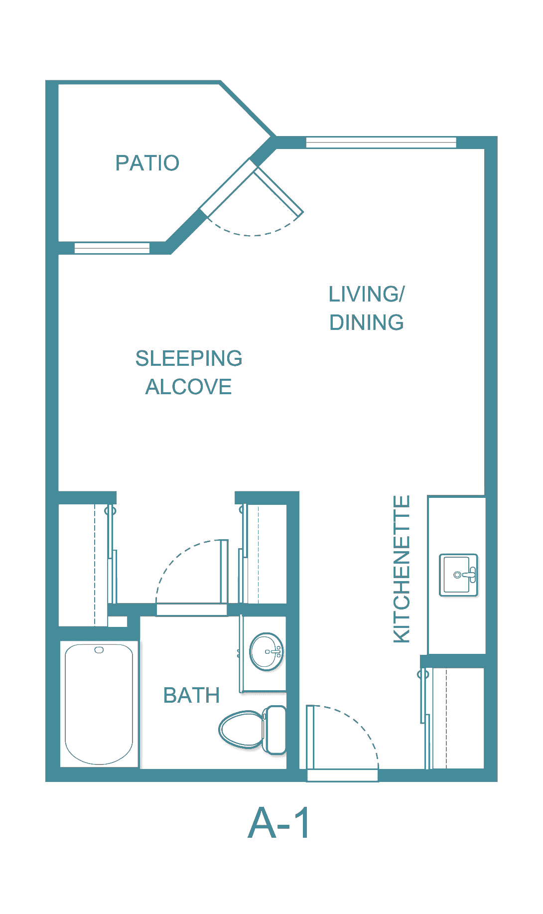 Studio apartment floor plan with a sleeping alcove, living/dining area, kitchenette, and bath.