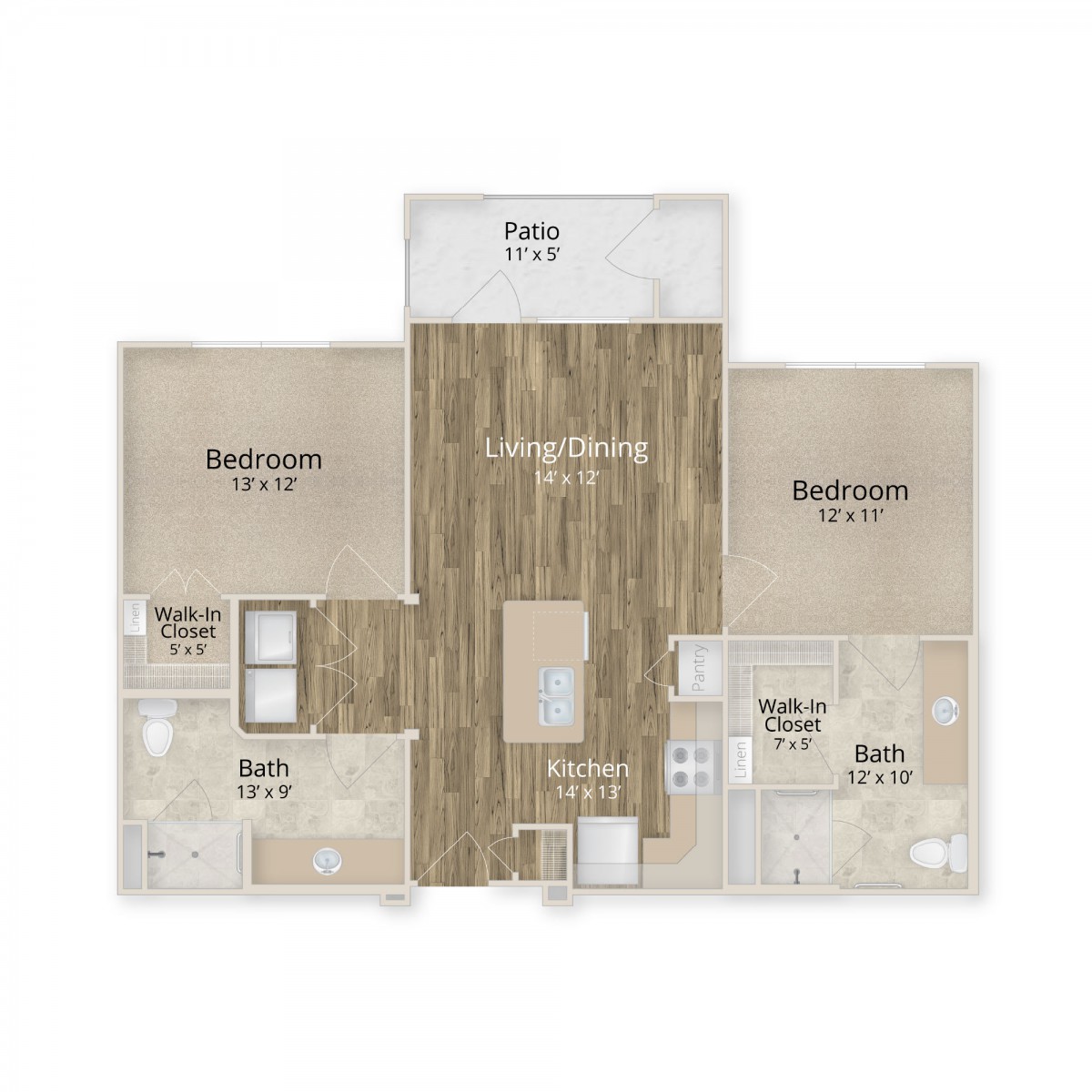 A floor plan of a two-bedroom apartment with a patio, living room, kitchen, and bathrooms.