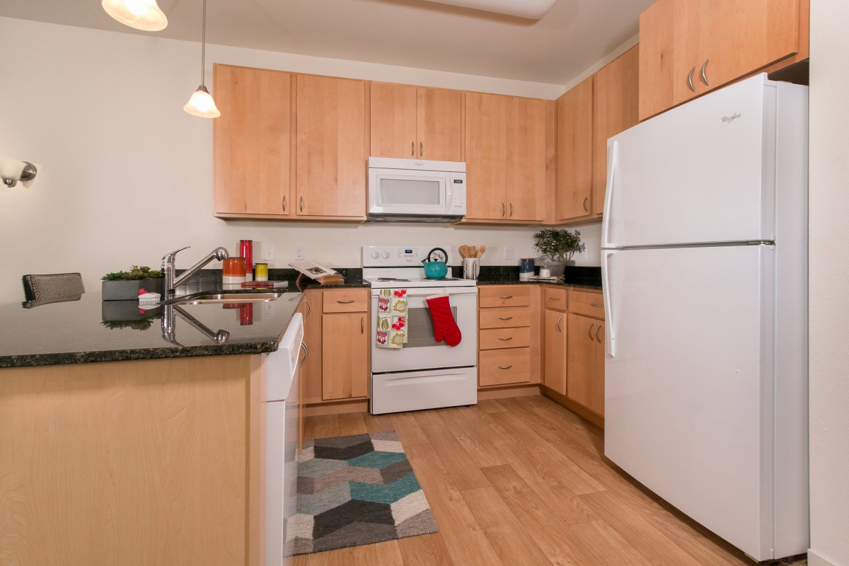 A modern kitchen with wooden cabinets and essential appliances.
