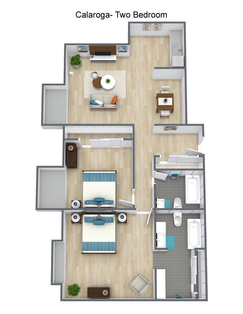 A 3D floor plan of a modern apartment featuring two bedrooms, a living room, and kitchen area.