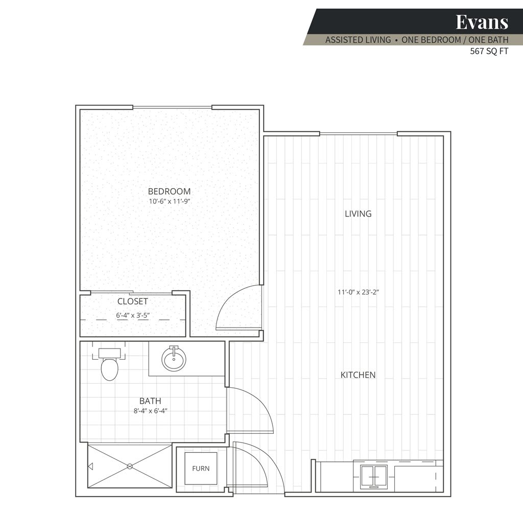 A floor plan of a one-bedroom apartment layout.
