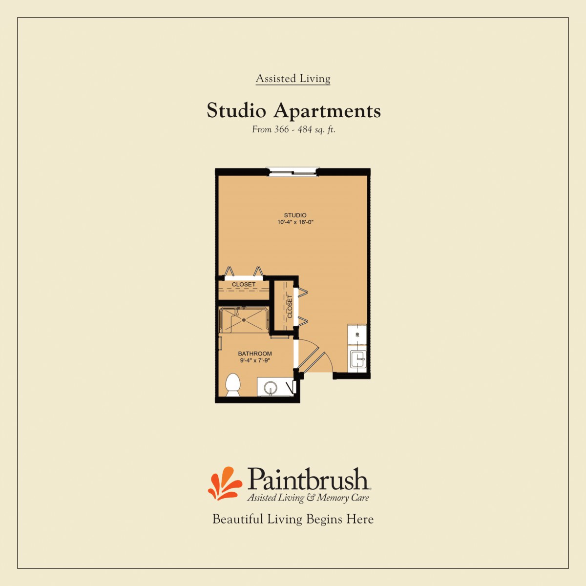 Floor plan of a studio apartment at Paintbrush community.
