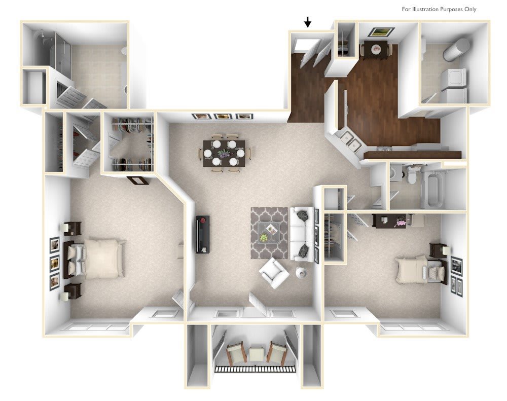 A 3D floor plan of a modern apartment showcasing various rooms and spaces.