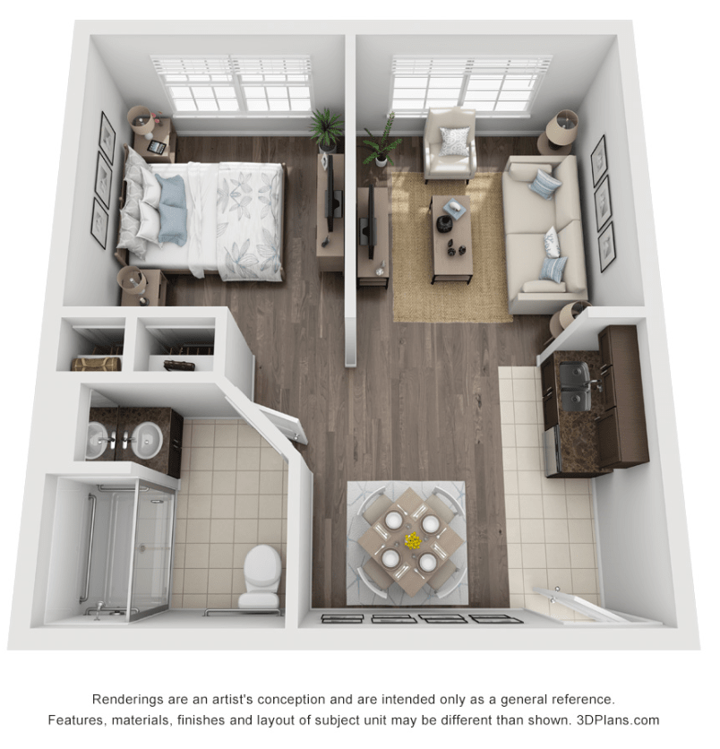 3D floor plan of a compact one-bedroom apartment featuring a living room, kitchen, dining area, and bathroom.