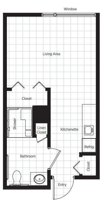 Floor plan of a studio apartment with a living area, kitchenette, closet, and bathroom.