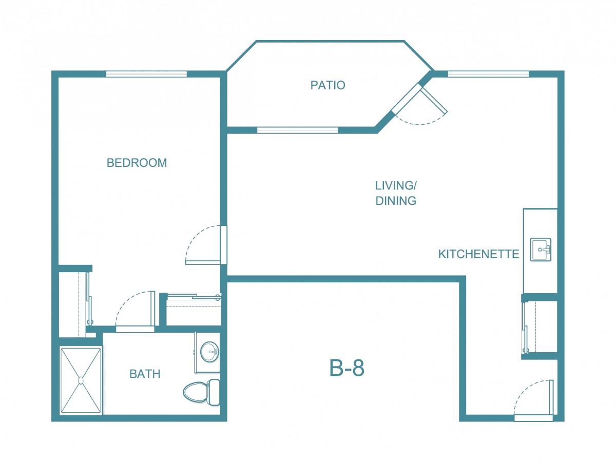 A blueprint of a one-bedroom apartment with labeled areas for a bedroom, bath, kitchen, and living/dining space.