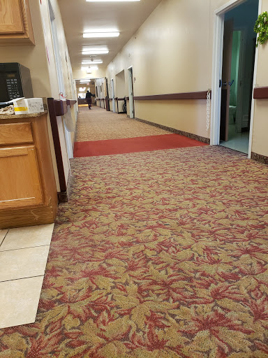 A view of a hallway with patterned carpet and wooden cabinets on one side.