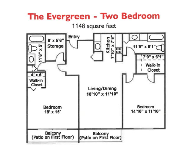 The Evergreen two-bedroom apartment floor plan featuring living/dining area, kitchen, bathroom, and balconies.