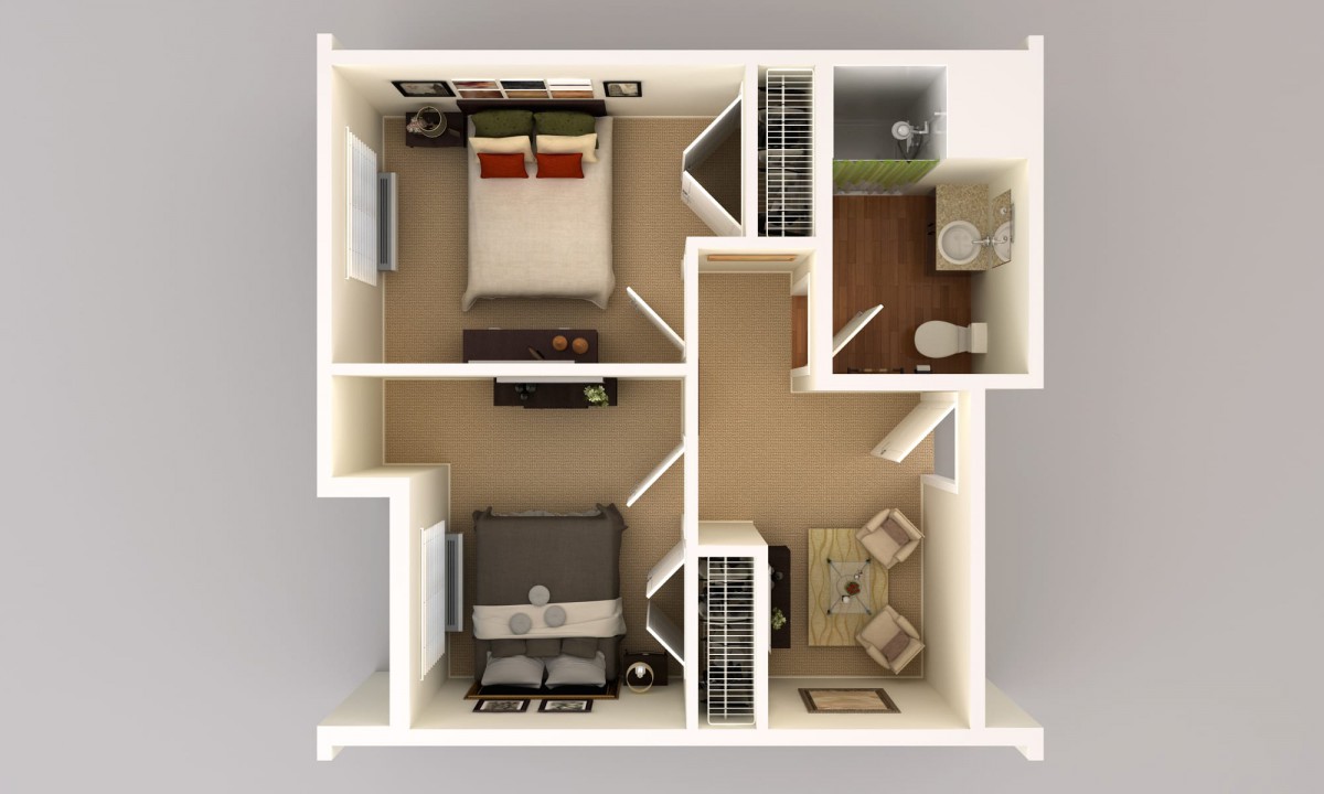 A 3D floor plan of a two-bedroom apartment featuring a kitchen, living room, and bathroom.