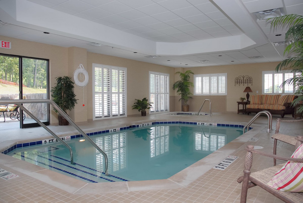 A serene indoor swimming pool area with large windows and plants enhancing the ambiance.