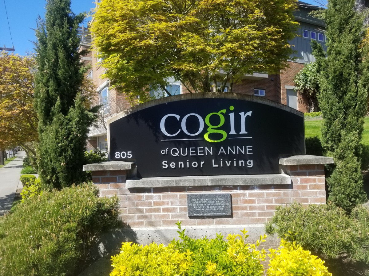 Entrance sign for Cogir of Queen Anne Senior Living.