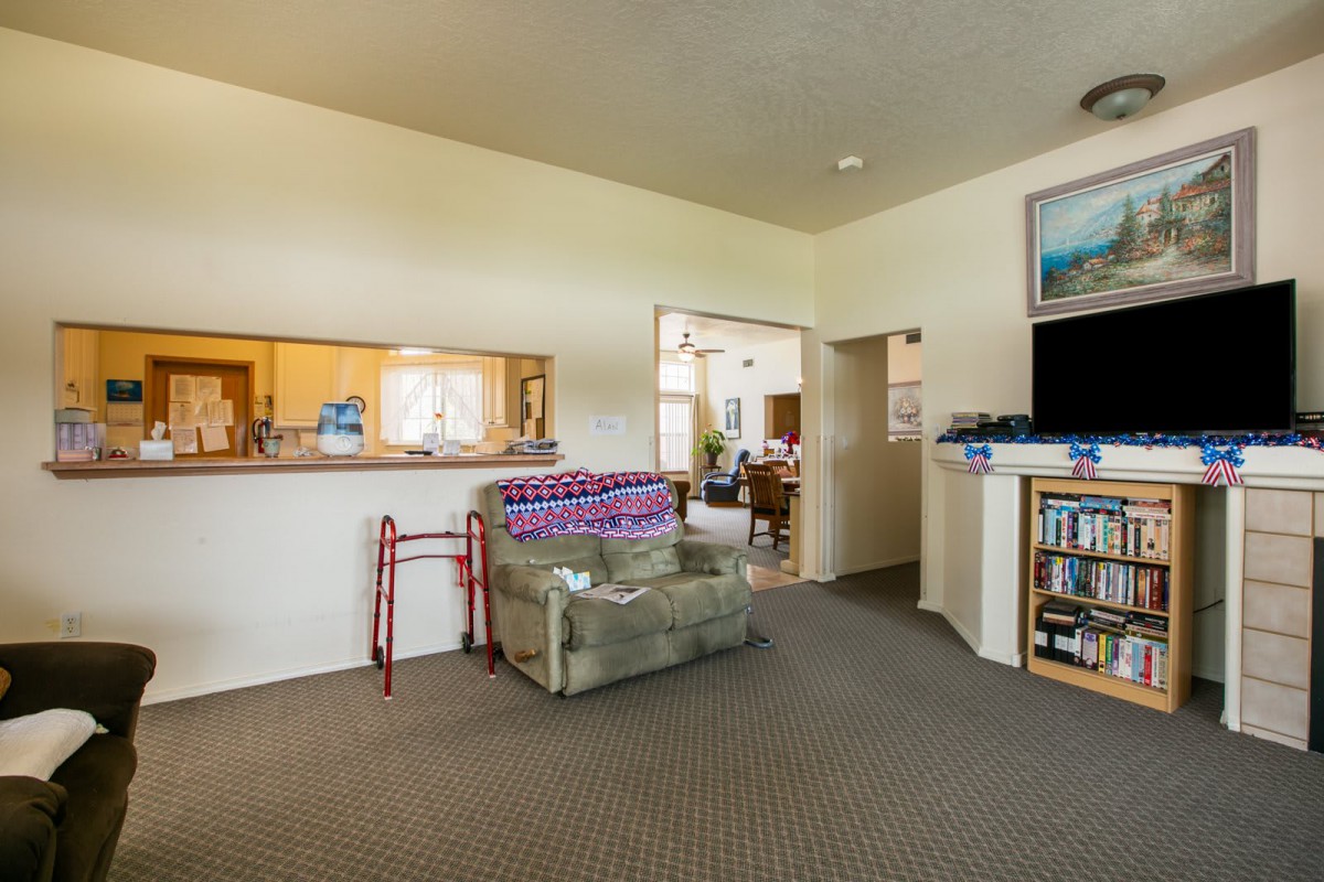 A cozy living room with an armchair, television, and bookshelf.