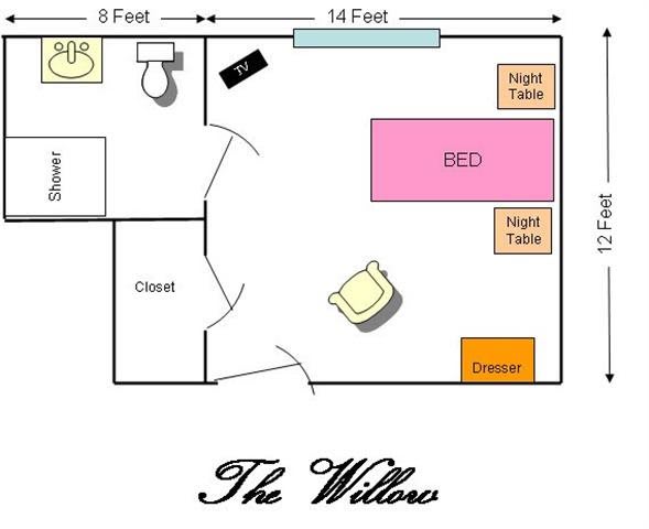 Floor plan of 'The Willow' bedroom, showcasing furniture arrangement and room dimensions.