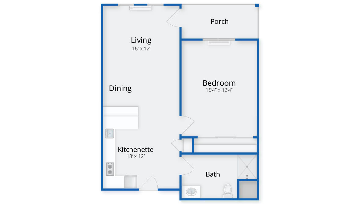 A floor plan of a one-bedroom apartment including a living room, kitchenette, dining area, bathroom, and porch.