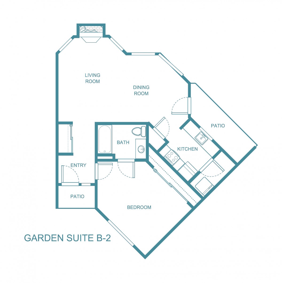 Floor plan of a garden suite featuring a bedroom, bathroom, kitchen, and living area.
