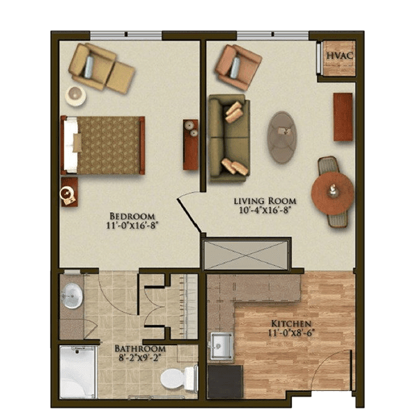 A detailed floor plan of a one-bedroom apartment including a living room, kitchen, bedroom, and bathroom.