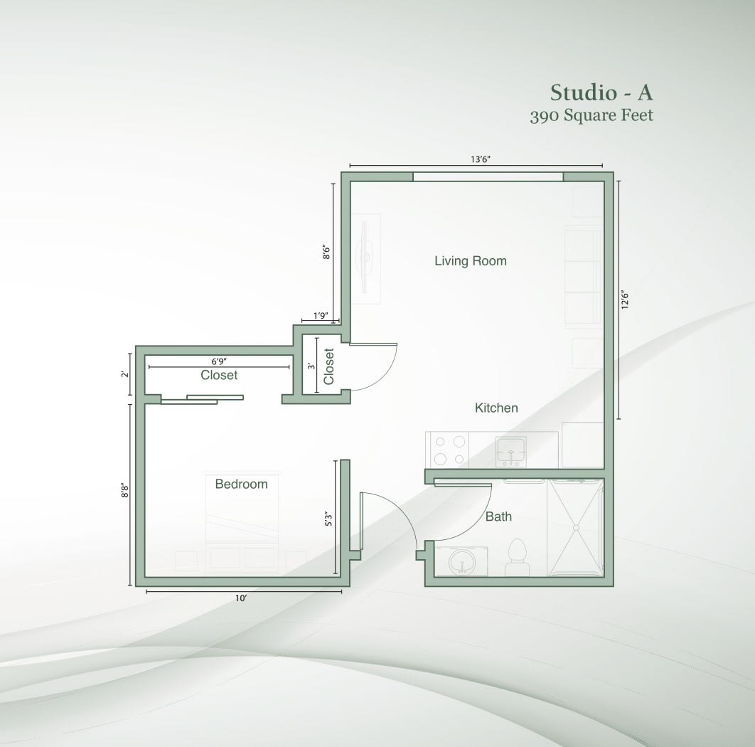 A floor plan of a studio apartment featuring a bedroom, living room, bathroom, and kitchen area.