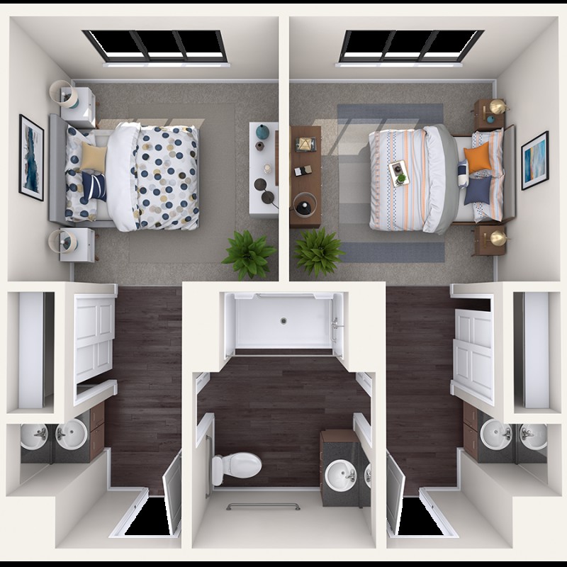 A cozy two-bedroom apartment floor plan featuring individual bathrooms.