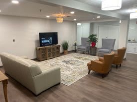 A modern living room with a cozy arrangement of seating, including a sofa and chairs, centered around a television and complemented by stylish decor and indoor plants.