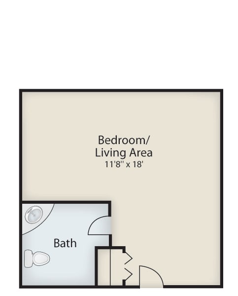Studio apartment layout with a combined bedroom and living area, including a bathroom.