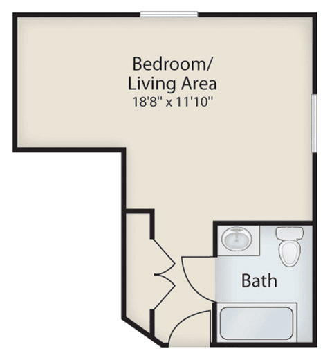 A studio apartment floor plan featuring a combined bedroom/living area and a bathroom.