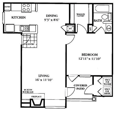 A floor plan of a one-bedroom apartment featuring a kitchen, living area, dining area, bathroom, and covered patio.