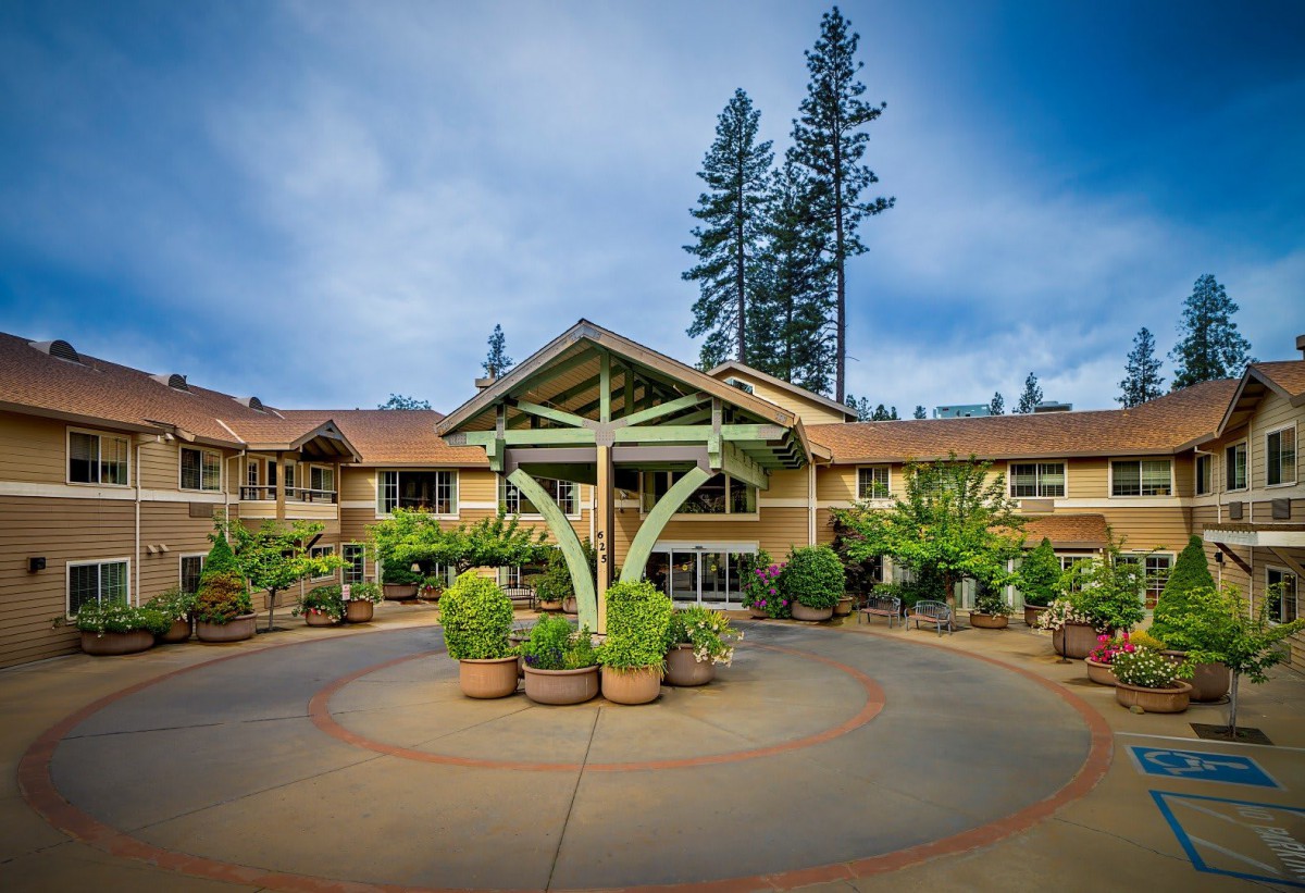 The exterior entrance of a hotel surrounded by lush landscaping and tall trees.