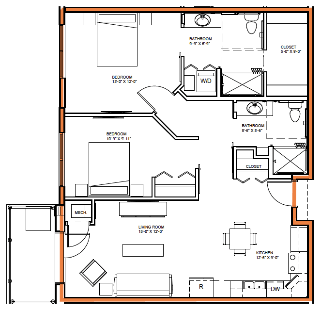 A detailed floor plan of an apartment showing the arrangement of rooms and furniture.