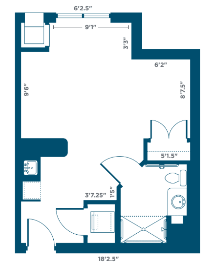 A blueprint floor plan of a compact apartment unit detailing room dimensions and layout.