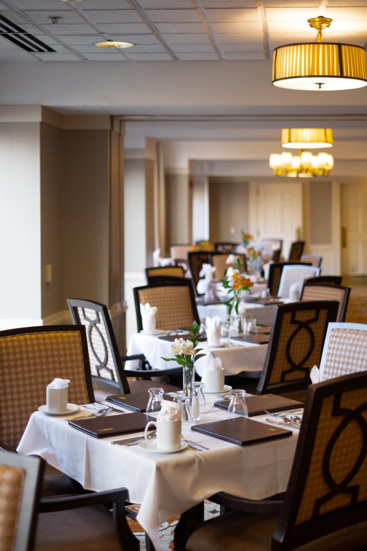 An elegant dining room with neatly set tables and comfortable chairs.