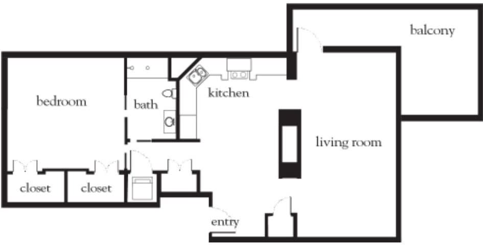 A floor plan of a modern apartment featuring an entryway, kitchen, bath, and living room