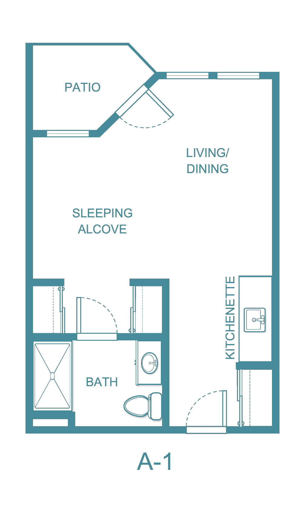 Studio apartment floor plan with a sleeping alcove, living/dining area, kitchenette, and bathroom.