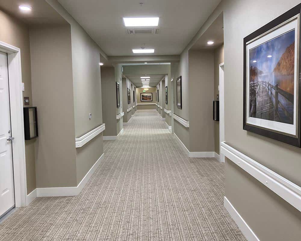 A long, carpeted hallway with framed artwork on the walls and ceiling lights.