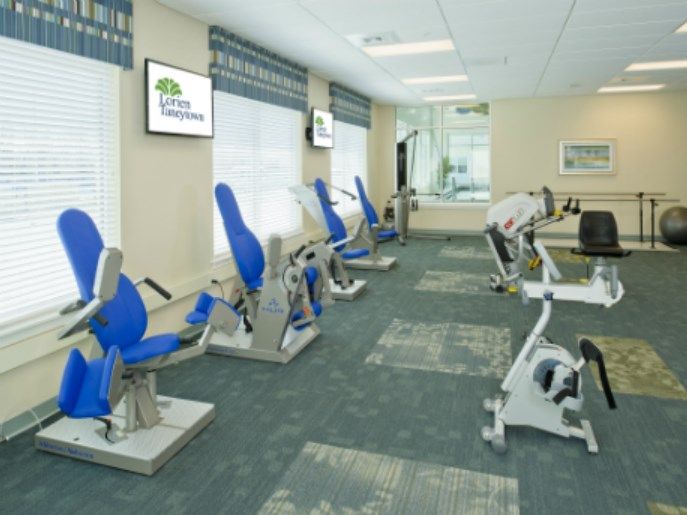A well-equipped fitness center with blue exercise machines and cardio equipment.