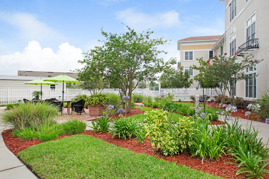 A beautifully landscaped backyard garden featuring lush greenery and a variety of plants, with a house in the background.